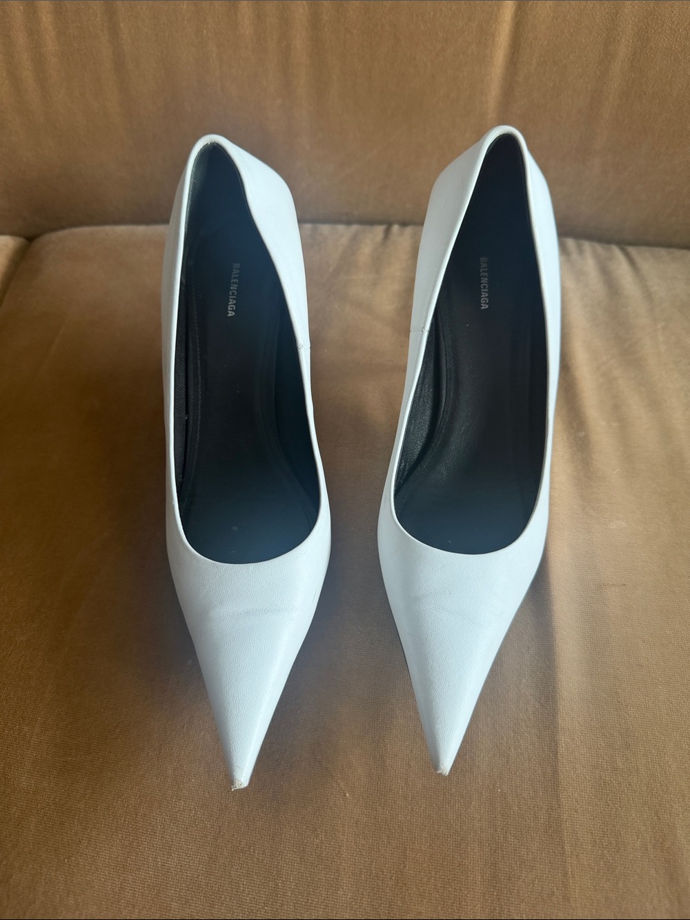 Balenciaga White Pointed Toe square back Leather Heels 38